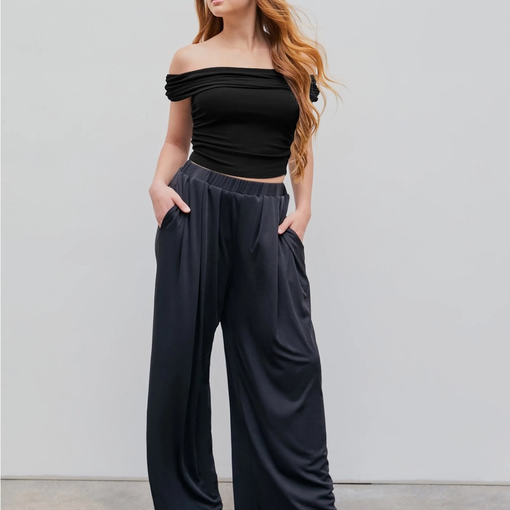 French Riviera vacation wide leg ribbed trousers - Cider, M, black